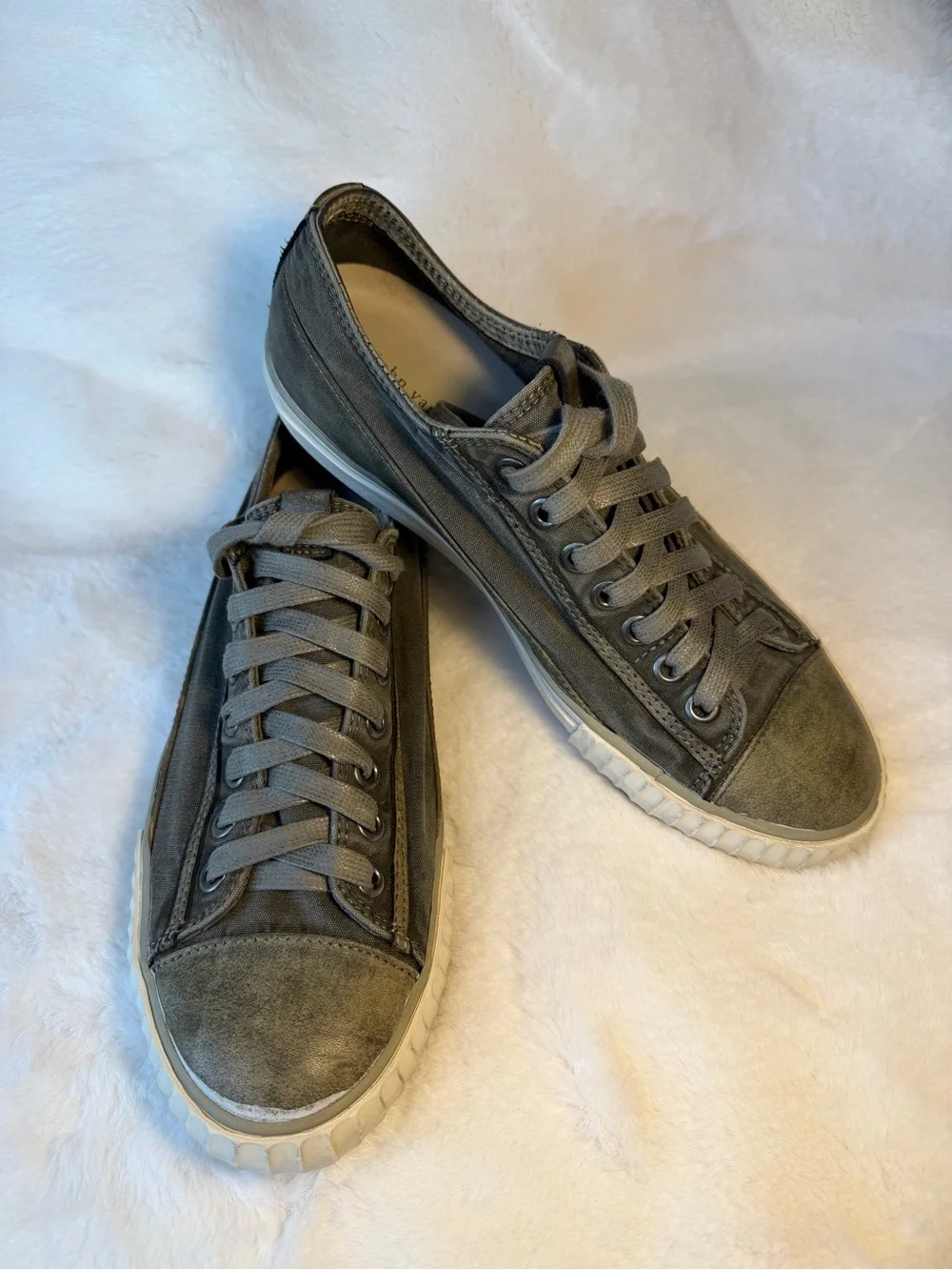 John Varvatos Olive Gray Low-Top Leather & Canvas Sneakers Size 7.5